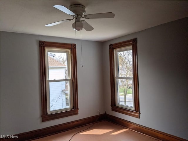 unfurnished room featuring a wealth of natural light and ceiling fan