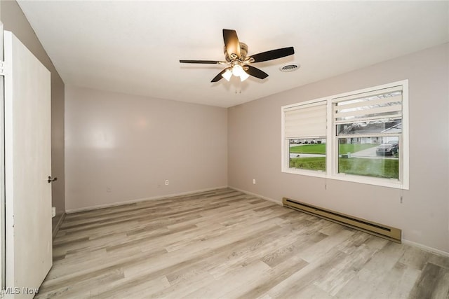 empty room featuring baseboard heating, ceiling fan, and light hardwood / wood-style flooring