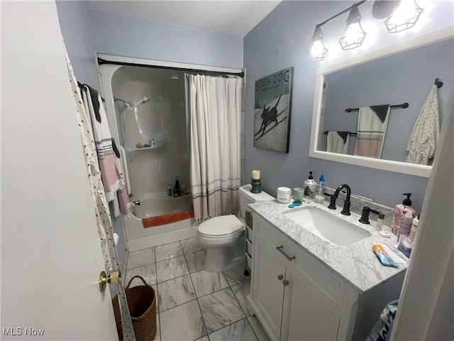 full bathroom featuring vanity, shower / bath combination with curtain, and toilet