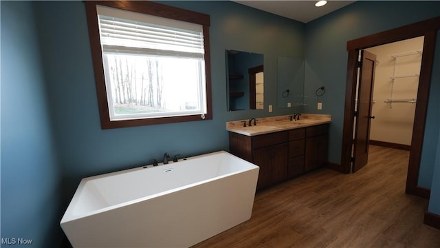 bathroom featuring a tub, vanity, and hardwood / wood-style flooring