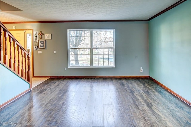 interior space with crown molding, dark hardwood / wood-style flooring, and a textured ceiling