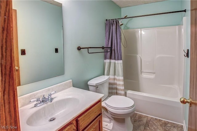 full bathroom featuring vanity, toilet, and shower / bathtub combination with curtain