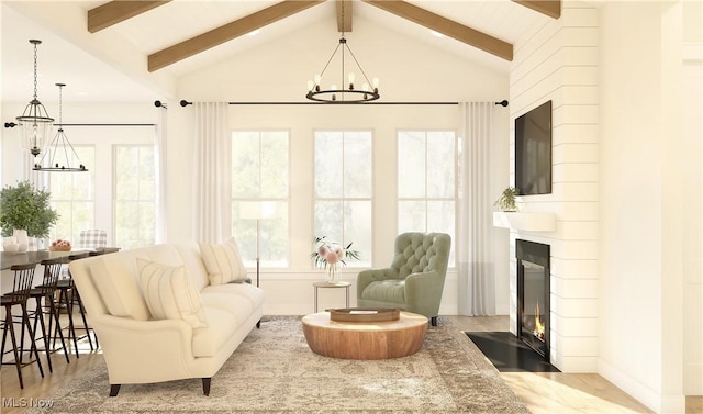 sunroom with a chandelier and vaulted ceiling with beams