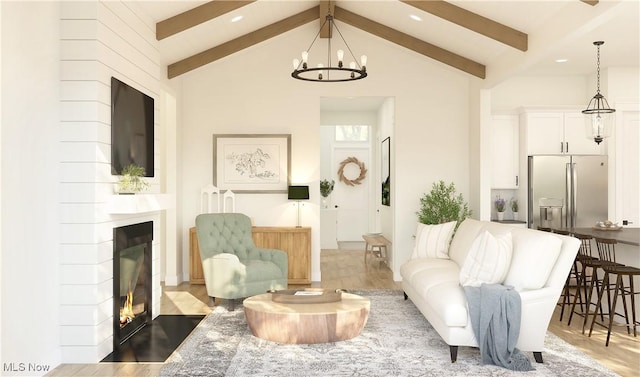 living room with beamed ceiling, a notable chandelier, a fireplace, and light hardwood / wood-style flooring