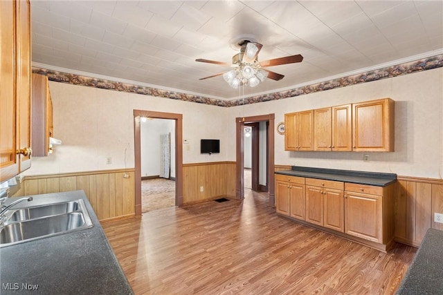 kitchen with crown molding, sink, wooden walls, ceiling fan, and light wood-type flooring