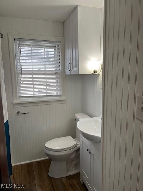 bathroom with vanity, hardwood / wood-style flooring, and toilet