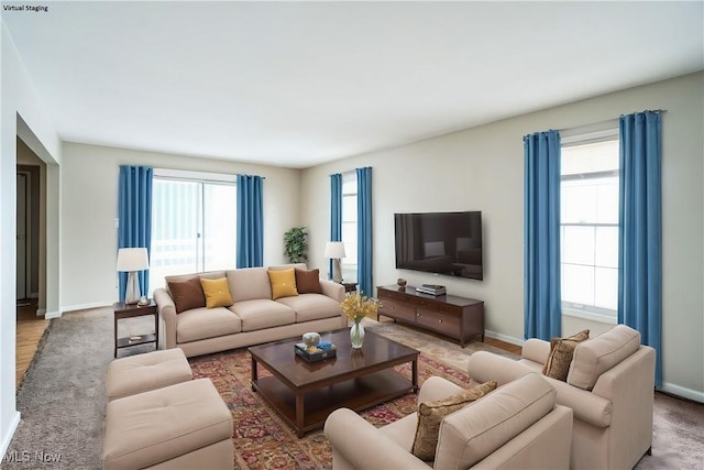 living room with hardwood / wood-style flooring and a wealth of natural light