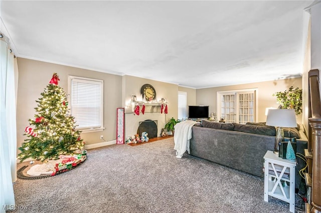 living room featuring carpet floors and ornamental molding