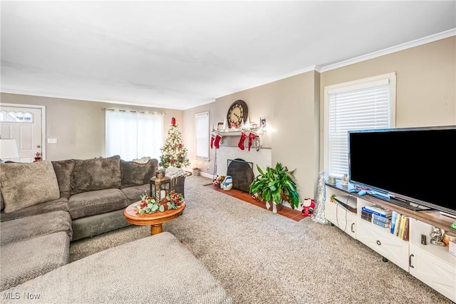 living room featuring carpet flooring, plenty of natural light, and ornamental molding