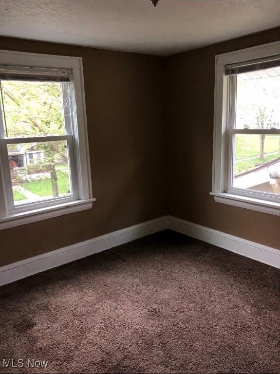 unfurnished room featuring a healthy amount of sunlight, carpet floors, and a textured ceiling