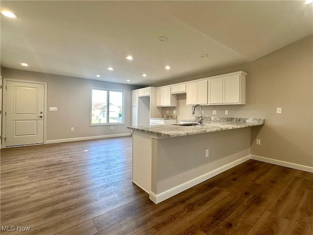 kitchen with white cabinets, kitchen peninsula, dark wood-type flooring, and sink