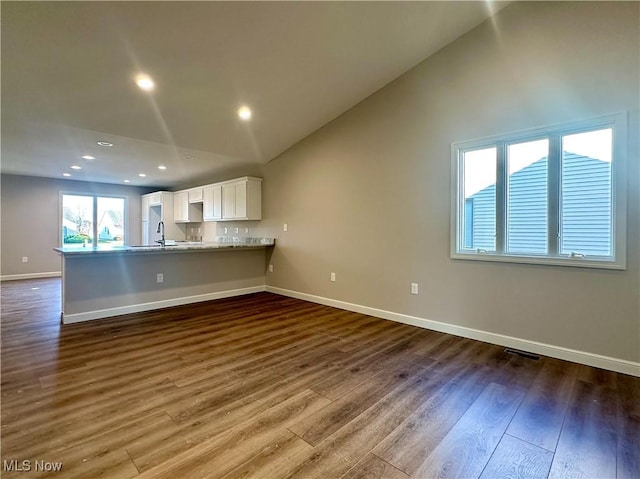 unfurnished living room with wood-type flooring, high vaulted ceiling, and sink