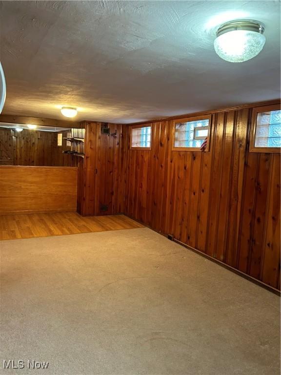 basement featuring wooden walls, a textured ceiling, and carpet flooring