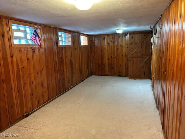 basement featuring light colored carpet, wooden walls, and a textured ceiling