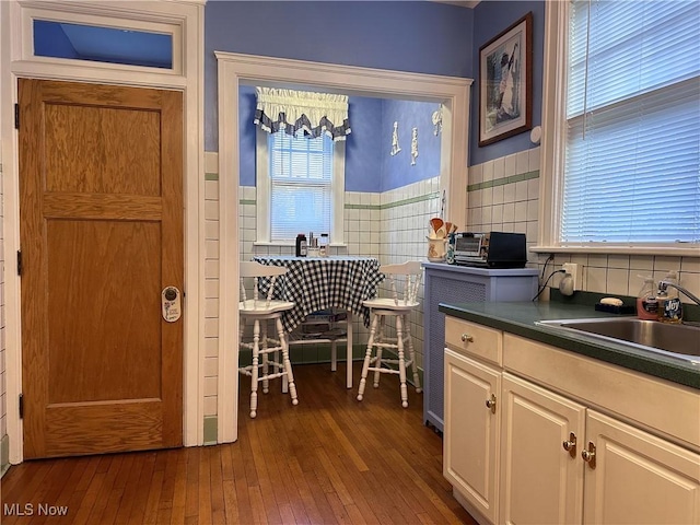 159 Kenilworth Ave SE, Warren, OH 44483 - kitchen featuring dark wood-style flooring, dark countertops, wainscoting, and tasteful backsplash