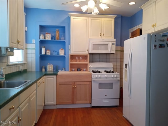 159 Kenilworth Ave SE, Warren, OH 44483 - kitchen with decorative backsplash, dark wood-style flooring, white appliances, a ceiling fan, and open shelves