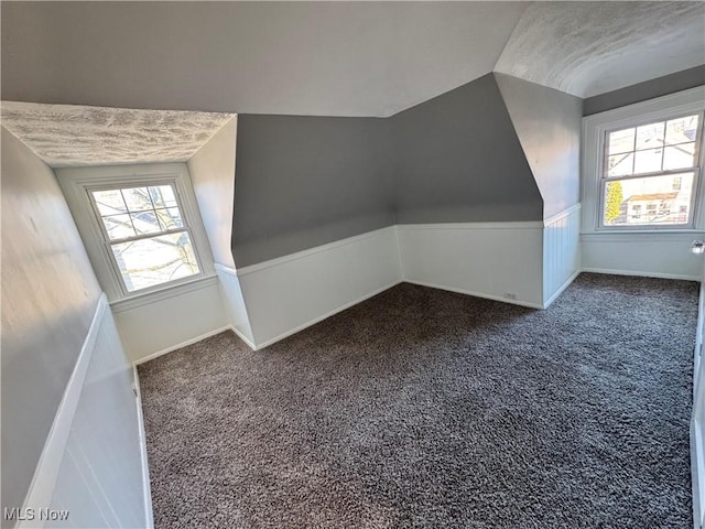 additional living space with dark colored carpet, a wealth of natural light, and lofted ceiling