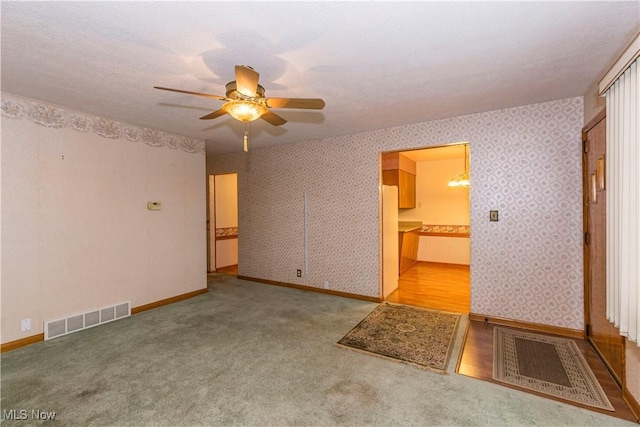 spare room with ceiling fan, carpet floors, and a textured ceiling