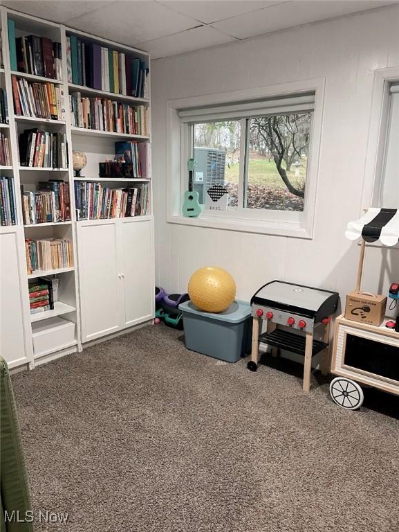 game room featuring wooden walls, a drop ceiling, and carpet floors