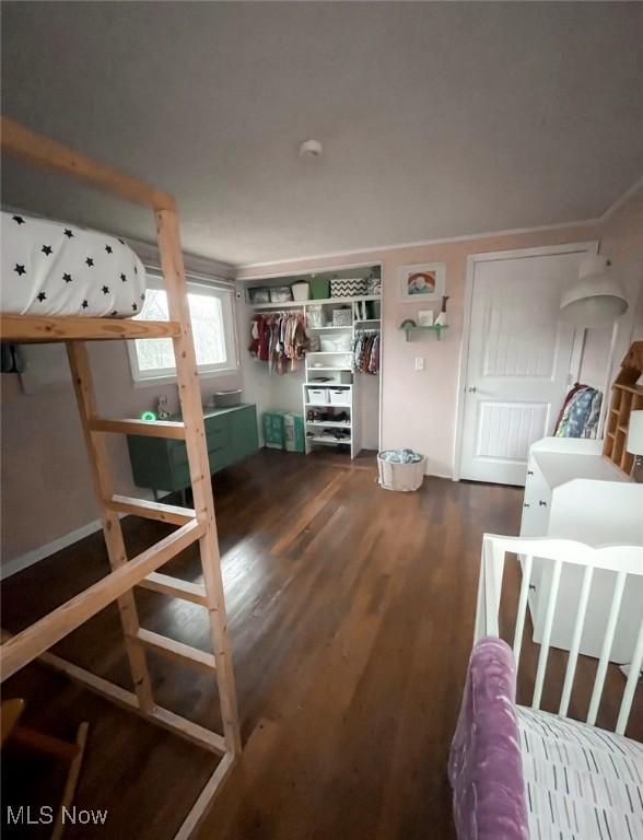 bedroom featuring dark hardwood / wood-style flooring and a closet