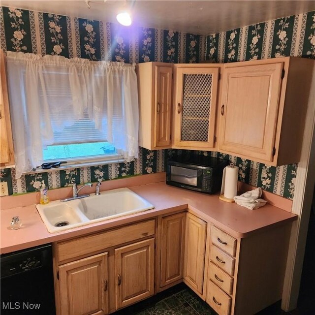 kitchen with light brown cabinetry, sink, and black appliances