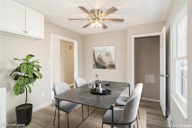 dining space with ceiling fan and light hardwood / wood-style floors