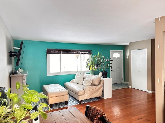 living room with dark hardwood / wood-style floors