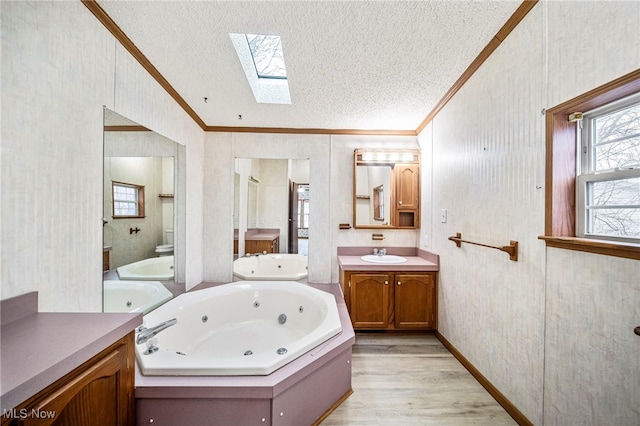 bathroom featuring vanity, a textured ceiling, crown molding, and toilet