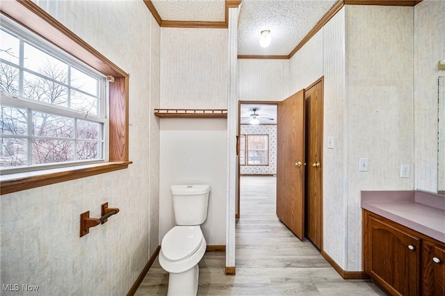 bathroom with hardwood / wood-style flooring, ornamental molding, and a textured ceiling