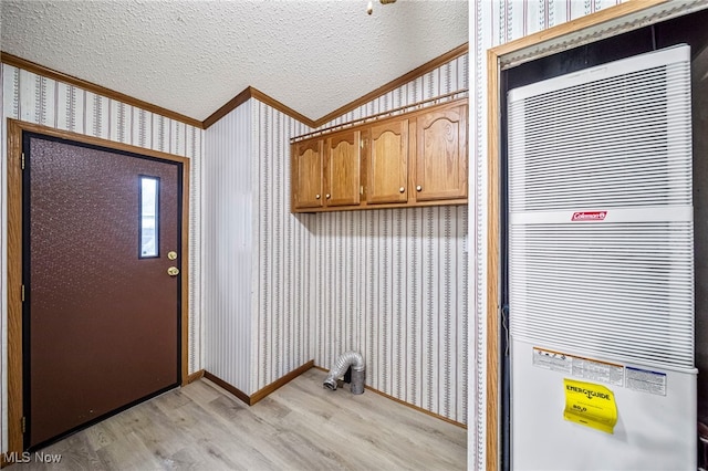 clothes washing area with crown molding, a textured ceiling, and light hardwood / wood-style flooring