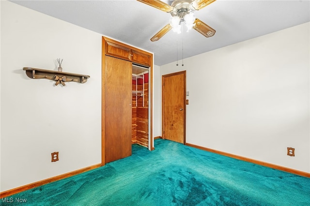 unfurnished bedroom with carpet flooring, a closet, and ceiling fan