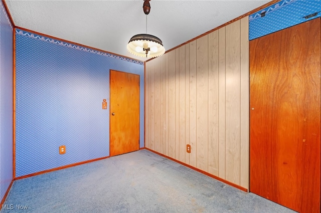 carpeted empty room with wood walls and a textured ceiling