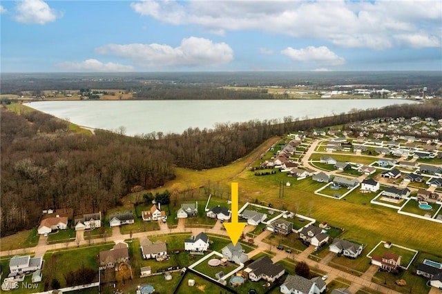 drone / aerial view featuring a water view