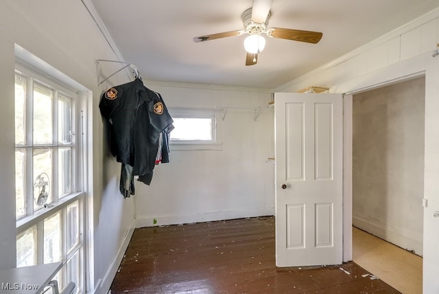 interior space featuring ceiling fan and dark wood-type flooring