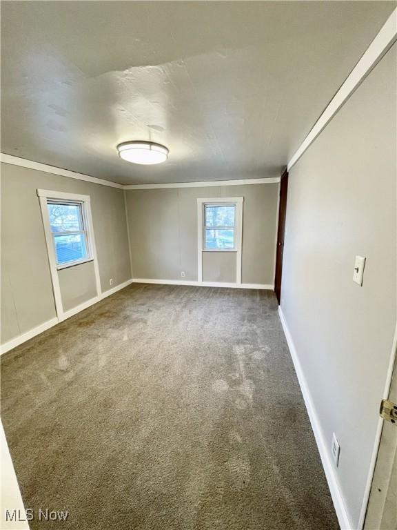 carpeted empty room with plenty of natural light and crown molding