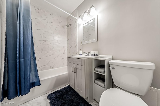 full bathroom with shower / bath combo, vanity, and toilet