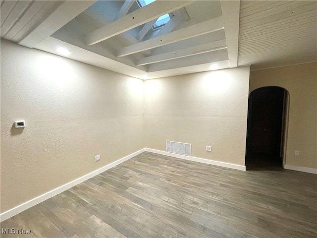 unfurnished room featuring beamed ceiling and wood-type flooring