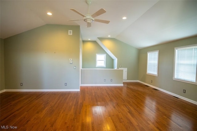 bonus room featuring ceiling fan, wood-type flooring, and lofted ceiling