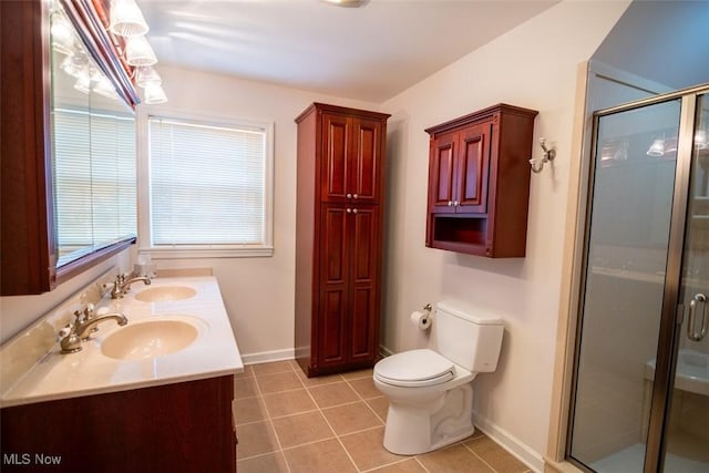 bathroom with tile patterned floors, vanity, an enclosed shower, and toilet