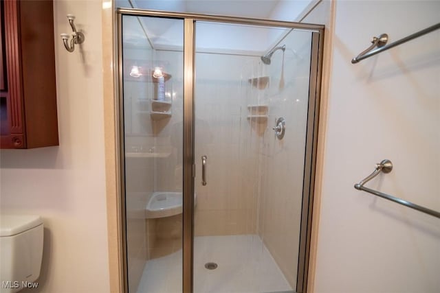 bathroom with toilet and a shower with door