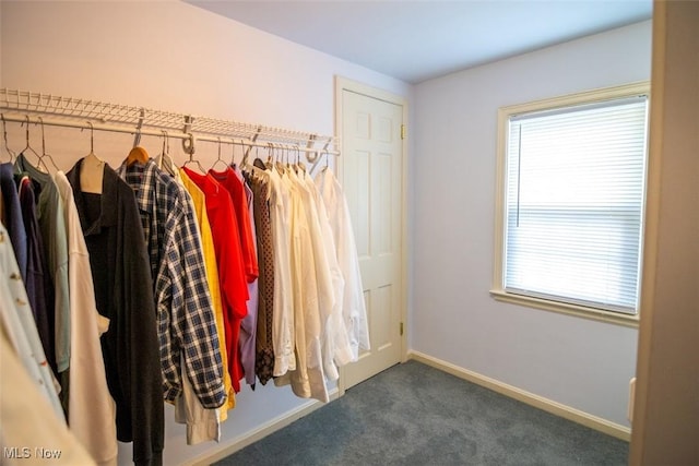 walk in closet with dark colored carpet