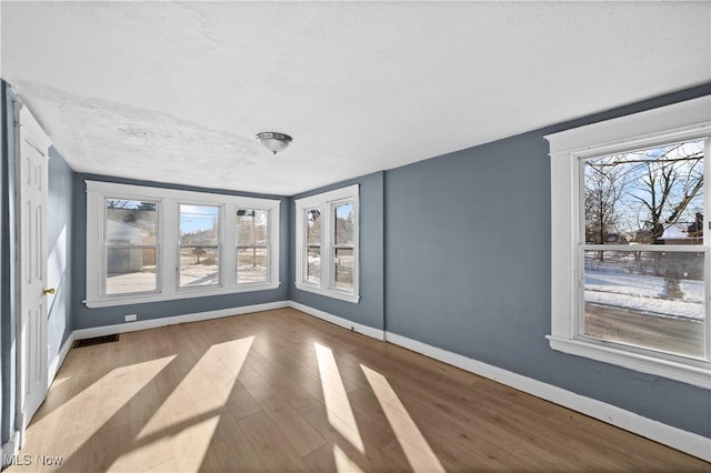 spare room featuring a textured ceiling, a wealth of natural light, and light hardwood / wood-style flooring