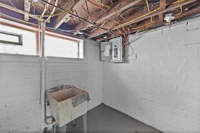 basement featuring electric panel and sink