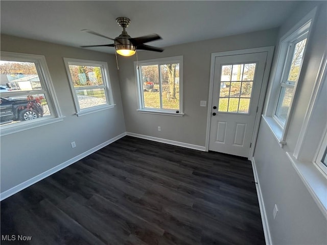 entryway with dark hardwood / wood-style floors, plenty of natural light, and ceiling fan