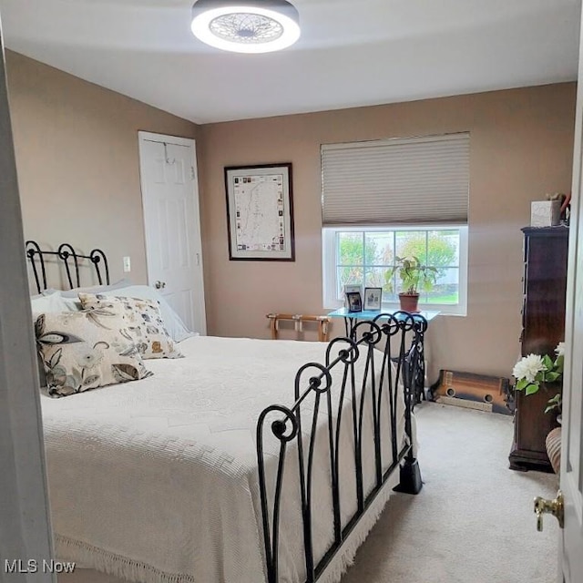 carpeted bedroom featuring a closet and lofted ceiling