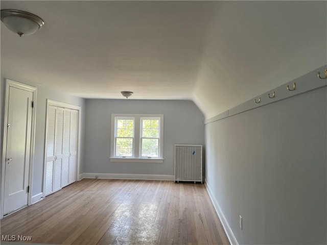 additional living space with light hardwood / wood-style floors and vaulted ceiling