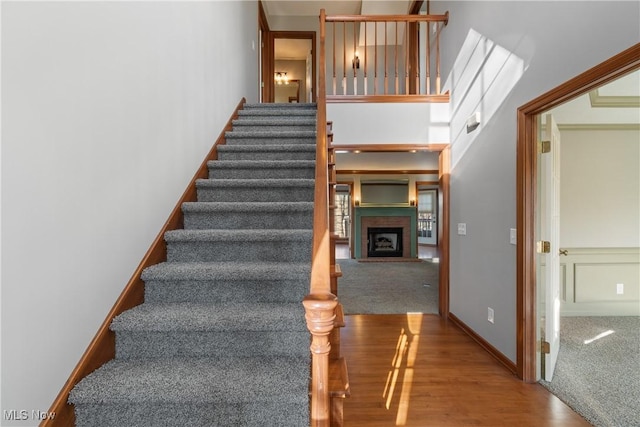 stairway with hardwood / wood-style floors