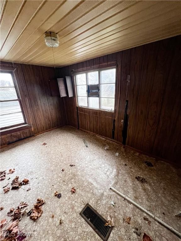 spare room featuring wood walls, wood ceiling, and a wealth of natural light