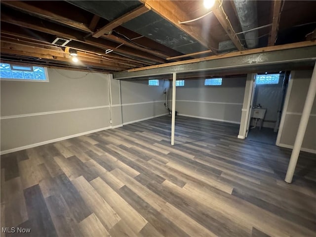 basement with wood-type flooring