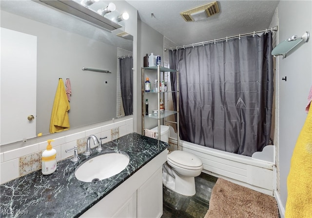 full bathroom featuring decorative backsplash, shower / bath combo with shower curtain, a textured ceiling, and toilet